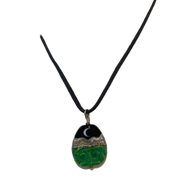 Moon & beach glass bead pendant black cord necklace magnetic closure 10 inch - Picture 4 of 7
